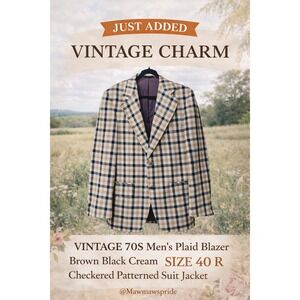 VINTAGE 70S Men's Plaid Blazer Brown Black Cream Checkered Patterned Suit Jacket